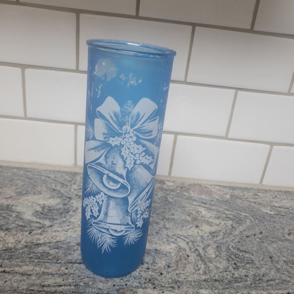 Vintage Blue & Silver Bells MCM‎ Glass Candle Holder RARE Christmas Look Pillar